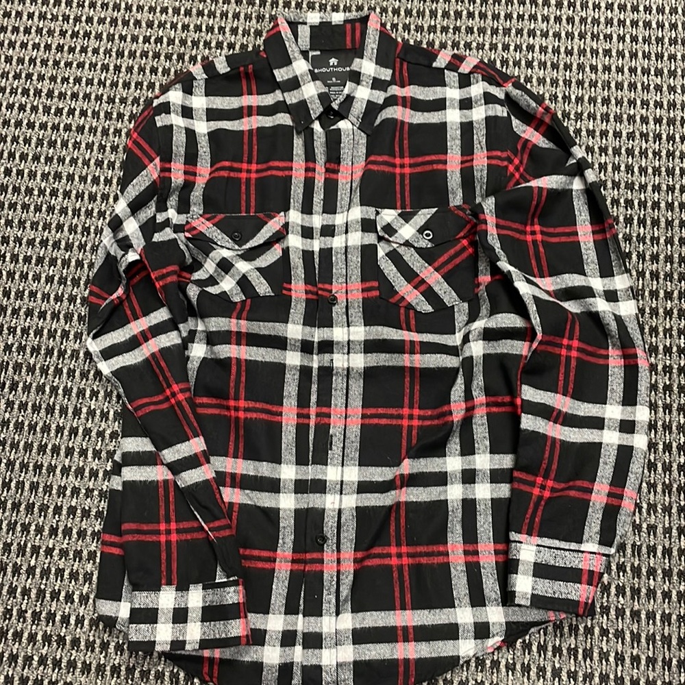 Shouthouse brand, small, black, grey, red plaid, button down.